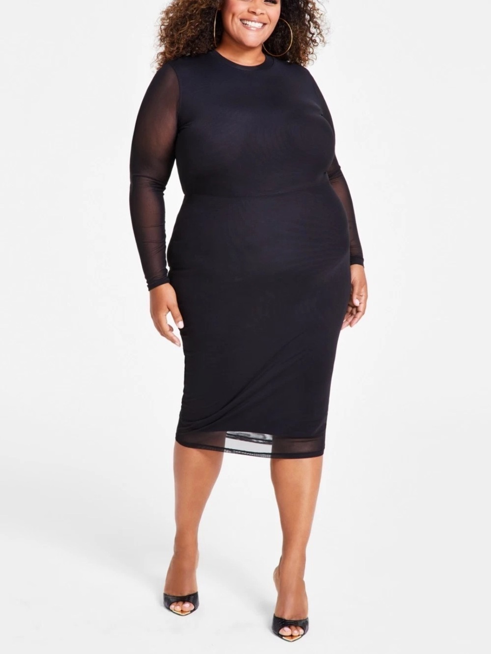 Nina Parker Trendy Plus Size Scoop Neck Long Sleeve Mesh Dress 3X Black